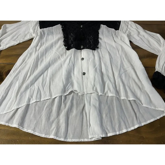 Tasha Polizzi Lace Trimmed V-Neck Loose Fit Sheer White Black Blouse - Picture 2 of 16